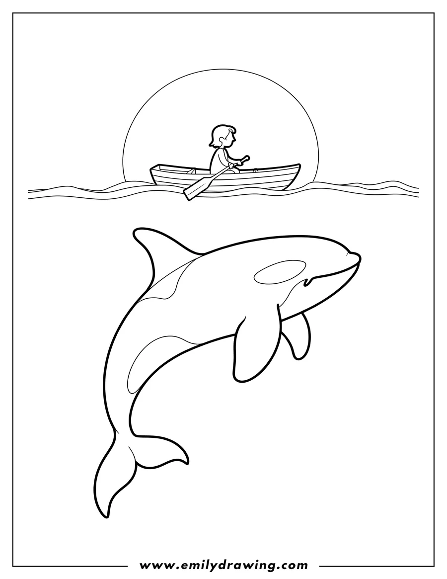 Outline of an orca whale swimming beneath a person rowing a small boat