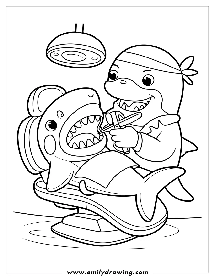 Line art of an orca dentist examining a shark patient's teeth.