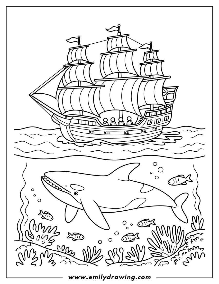 Line art of an orca swimming beneath a ship. Small fish swim near coral on the seabed.