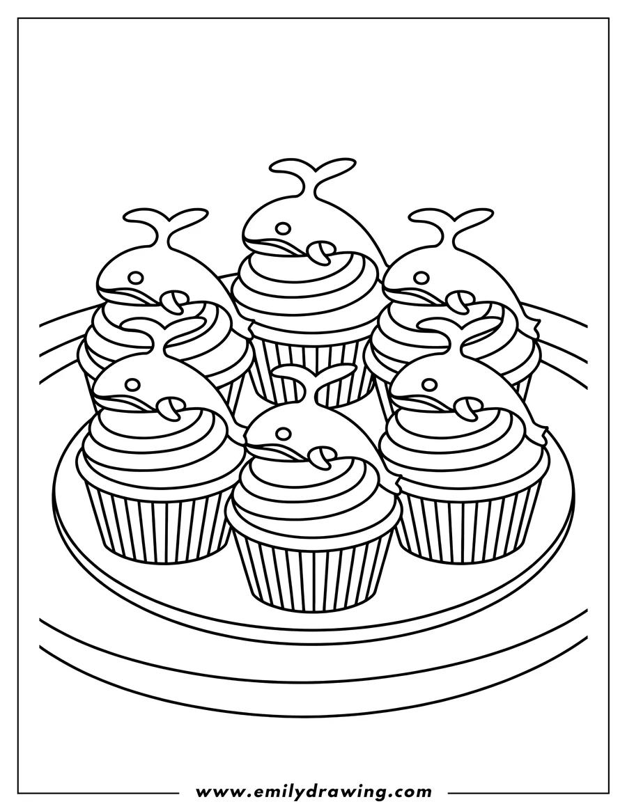 Line art of six cupcakes topped with orca figures on a plate.
