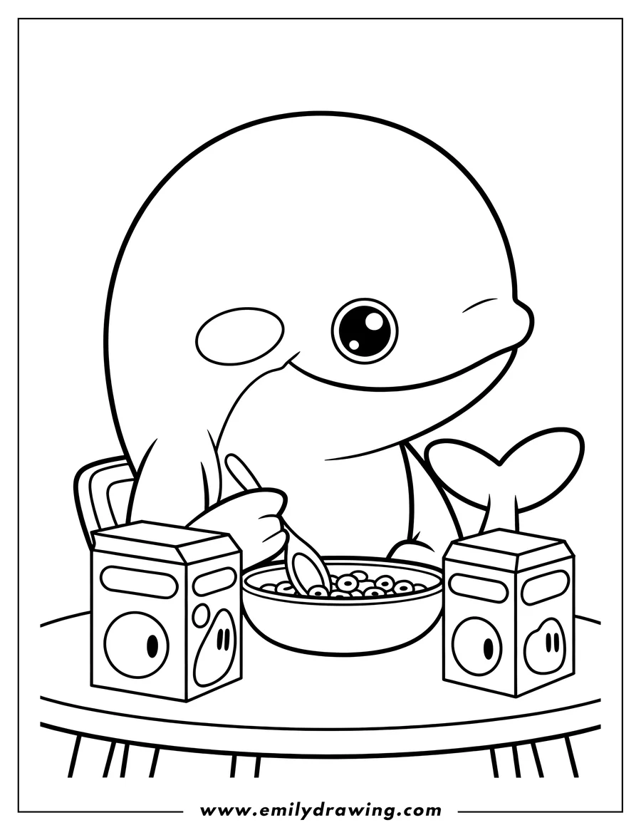 Outline of an orca sitting at a table, eating a bowl of cereal with a spoon. Two cartons of milk are on the table.