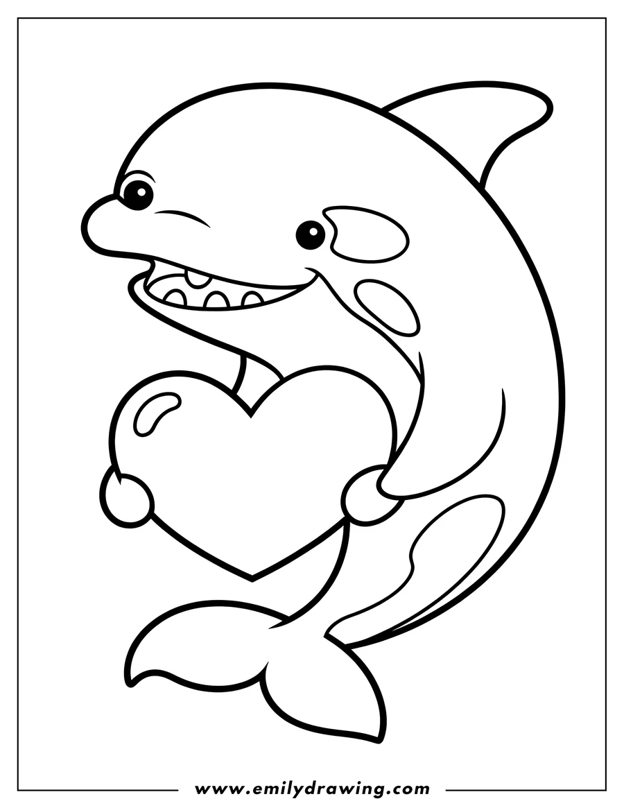 Outline of an orca holding a large heart.