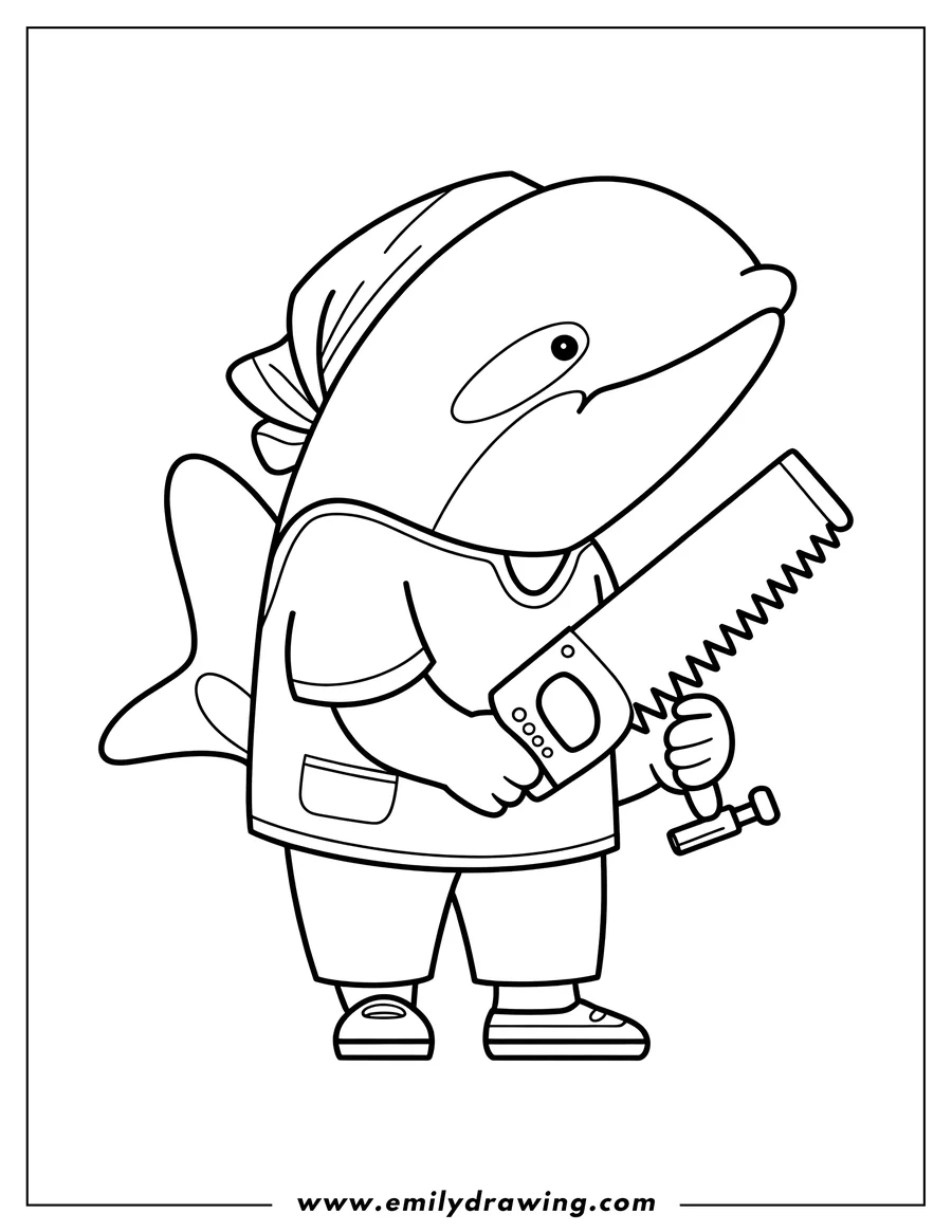Outline of an orca wearing a bandana, shirt, shorts, and shoes while holding a saw.