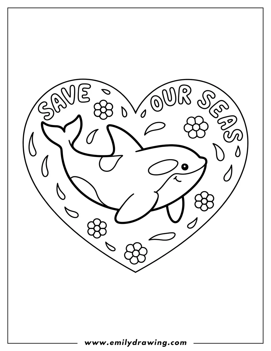 Line art of an orca swimming in a heart-shaped frame decorated with flowers and the words