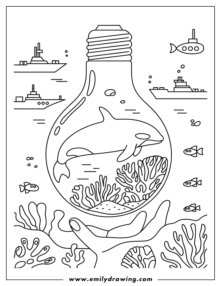 Line art of an orca swimming inside a lightbulb held by a hand, with ships and a submarine floating above and coral and small fish surrounding the scene.