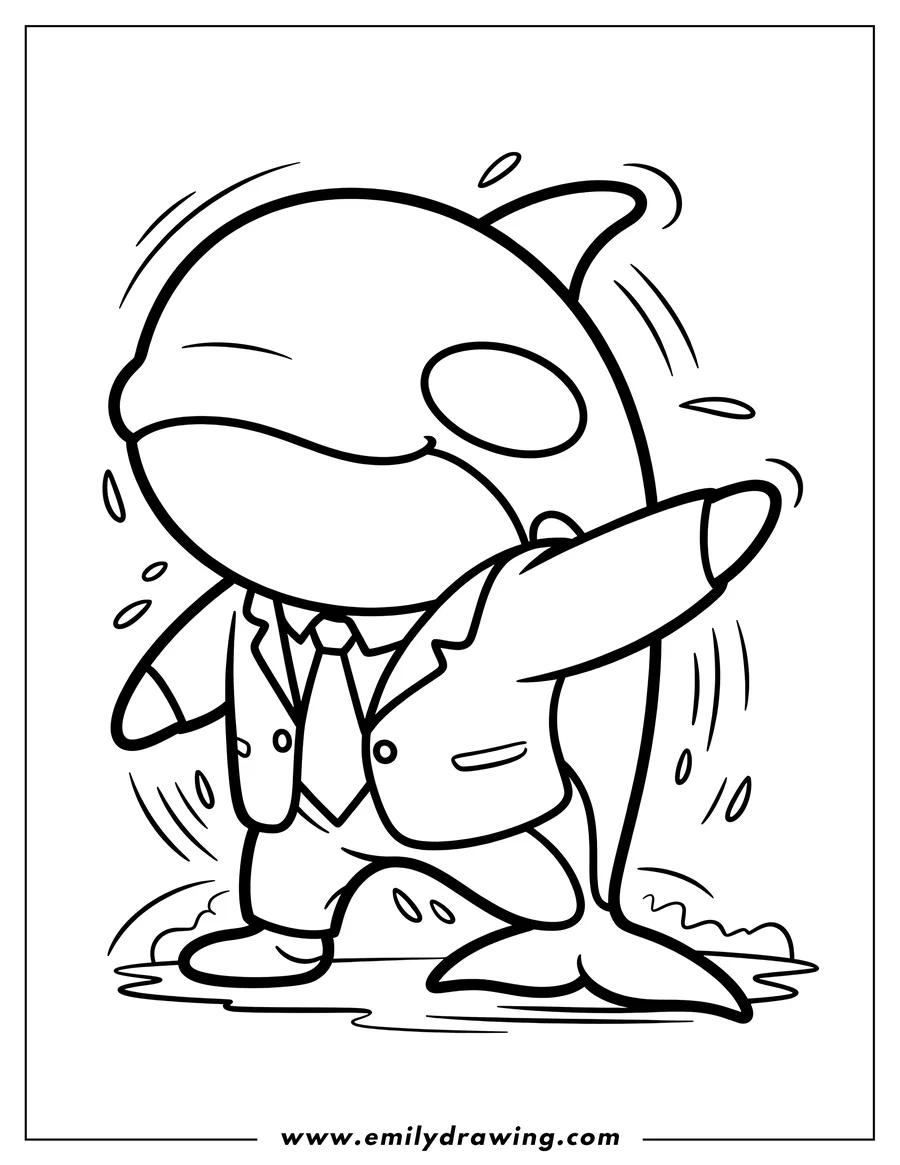 Line art of an orca wearing a suit and tie.