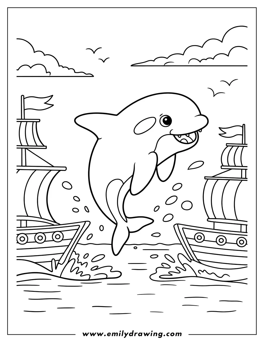 Line art of an orca jumping playfully between two sailing ships. The whale is mid-air, splashing water around it, while the ships sail by.