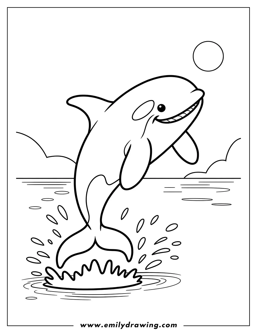 Line art of an orca jumping out of the water, creating a splash.