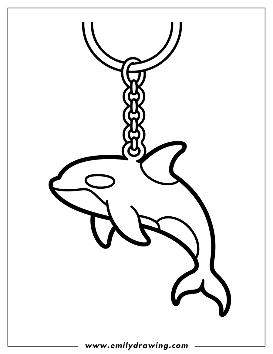 Line art of an orca keychain. The orca is attached to the keychain by a small chain.