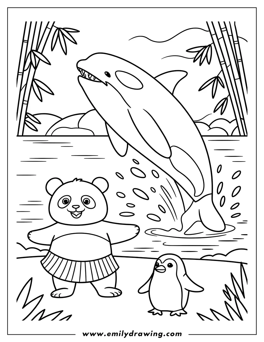 Line art of an orca jumping out of the water near a panda bear and a penguin, with bamboo stalks in the background.