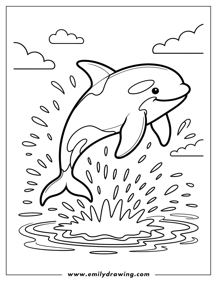 Line art of an orca leaping out of the water, creating a splash. Simple, playful design for kids.