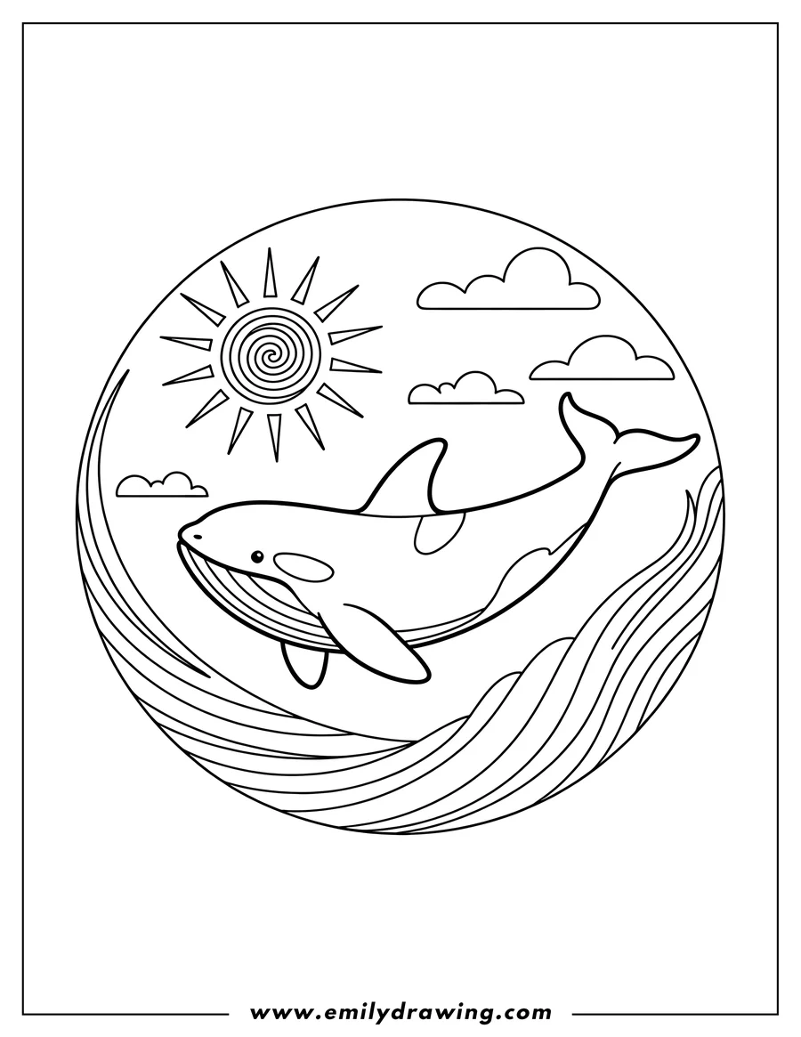 Line art of an orca swimming in the ocean beneath a shining sun and fluffy clouds.