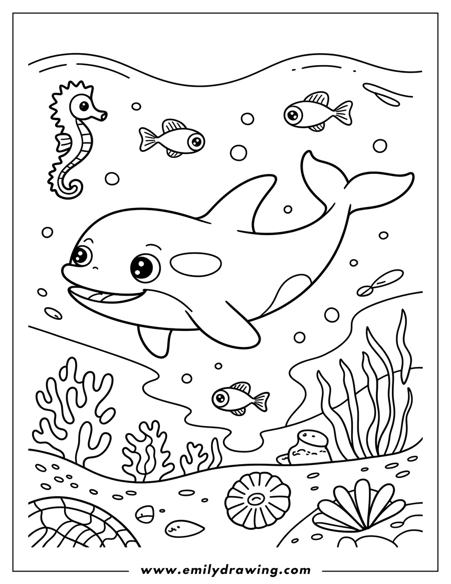 Line art of an orca swimming underwater with other sea creatures like fish and a seahorse. Coral and seaweed are visible on the ocean floor.