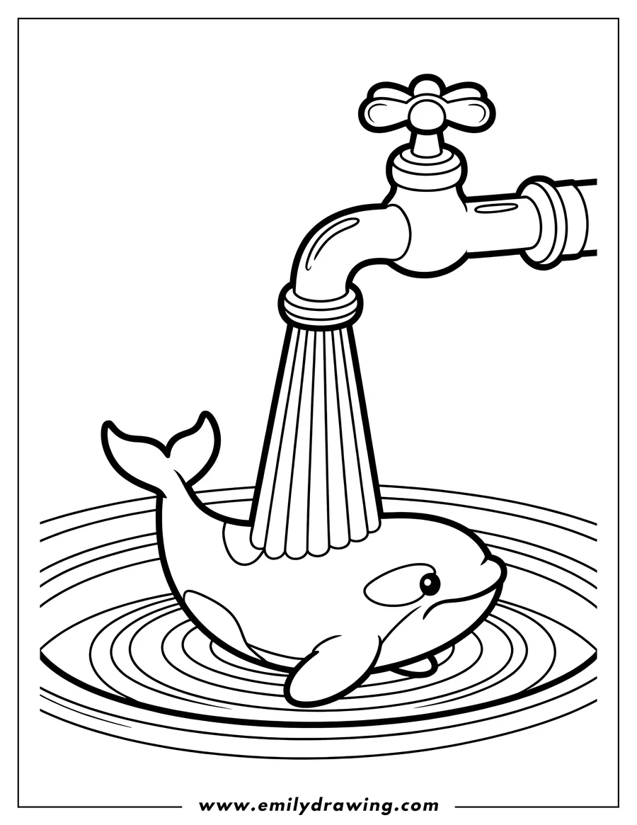 Line art of an orca under a running faucet. Ripples of water surround the orca.