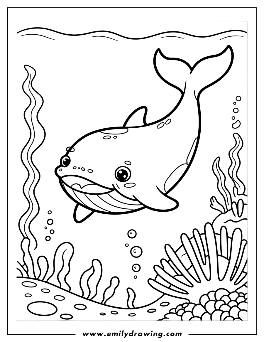 Line art of an orca swimming underwater, surrounded by seaweed and coral.