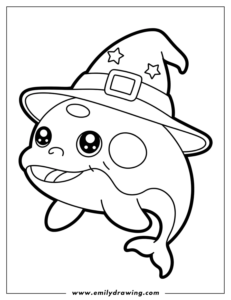 Line art of an orca wearing a wizard hat decorated with stars.