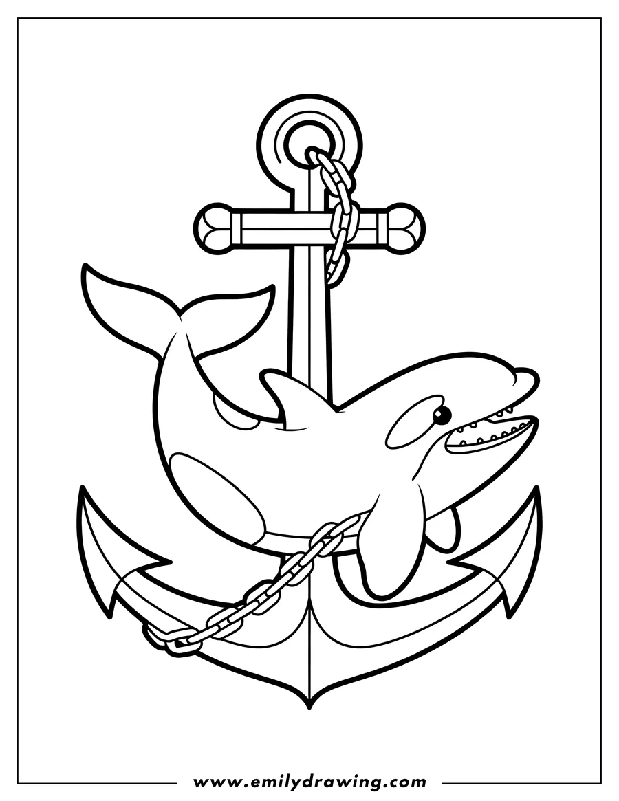 Line art of an orca playing with an anchor and chain.