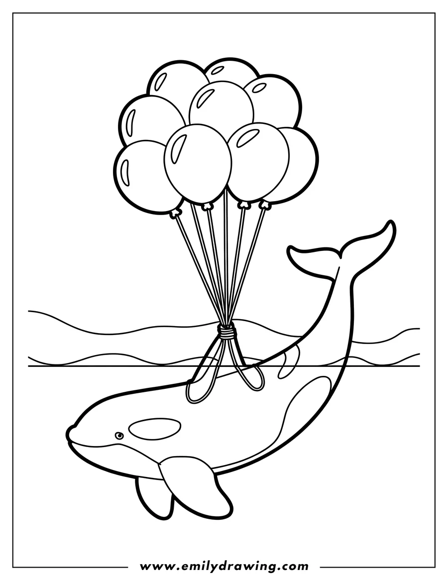 Line art of an orca with balloons tied to its back, floating just beneath the surface of the ocean.