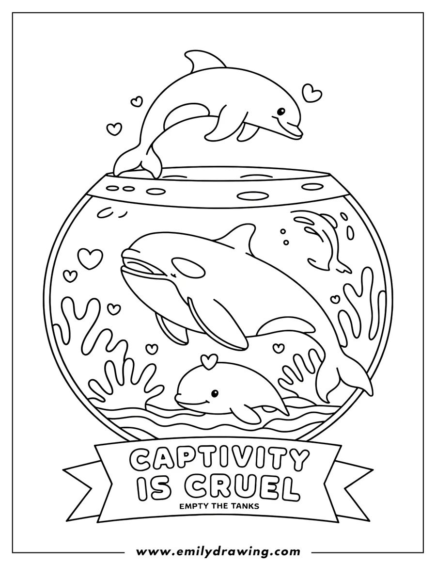 Line art of two orcas and two dolphins in a tank. One dolphin is jumping out of the tank, and there are hearts and seaweed inside.