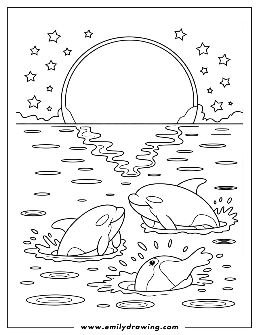 Line art of three orcas swimming in the ocean at night under a starry sky with a large moon.