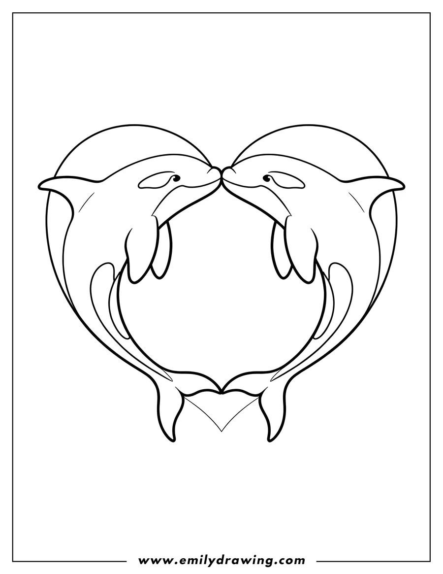 Line art of two orcas forming a heart shape with their bodies, touching noses.