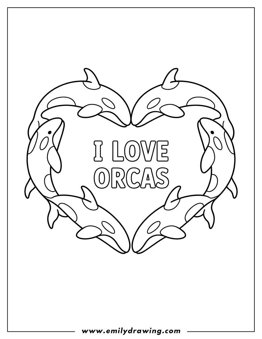 Line art of orcas forming a heart shape, with the words 'I Love Orcas' in the center.