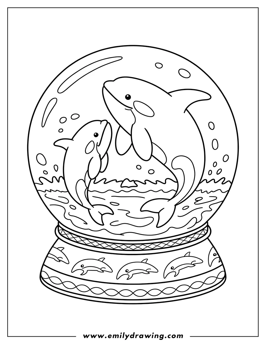 Outline of two orcas swimming in a snow globe. The globe sits on a decorated base with smaller orca images.