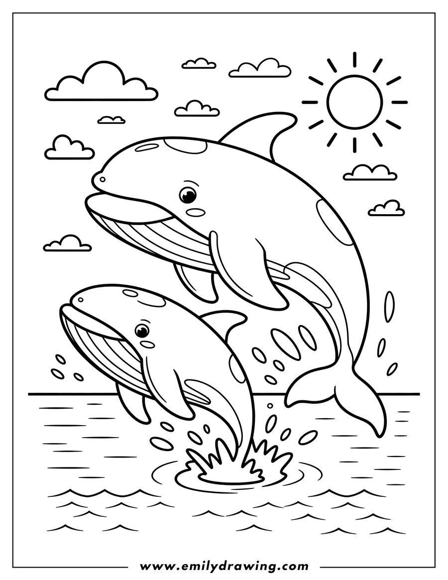Two orcas jumping out of the water on a sunny day.