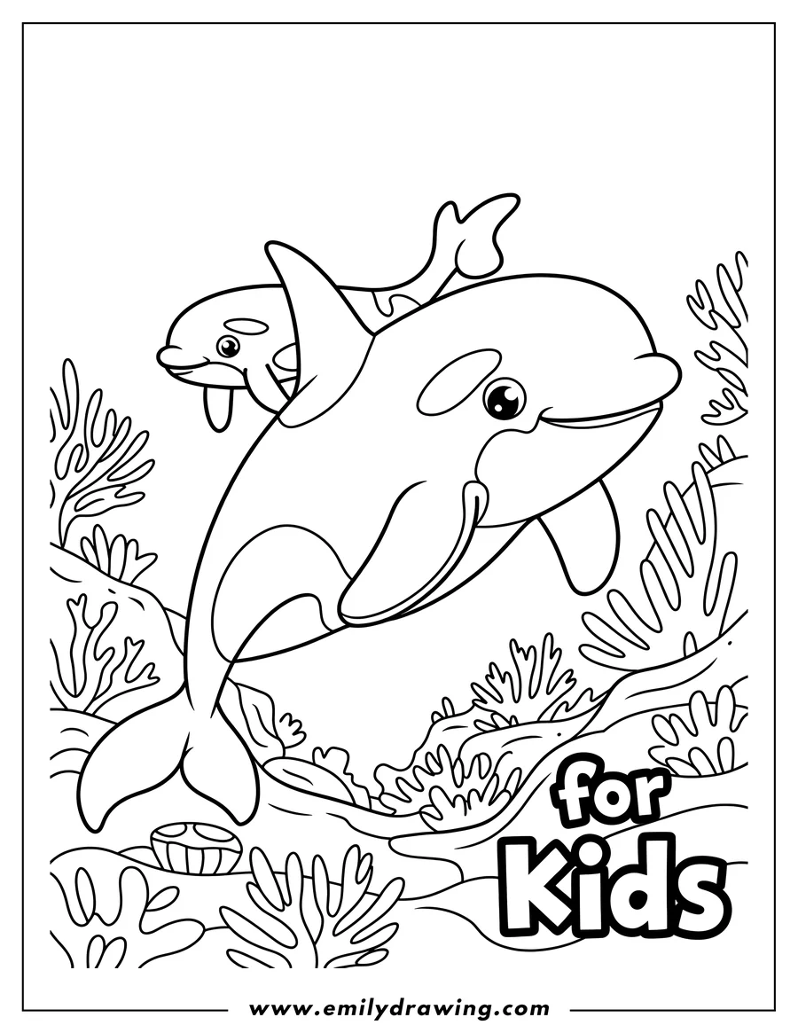 Line art of two orcas, a mother and calf, swimming near a coral reef. The orcas are outlined in black and white, ready for coloring. The larger orca is in front, with the smaller calf swimming just above it. The reef is detailed and surrounds them.