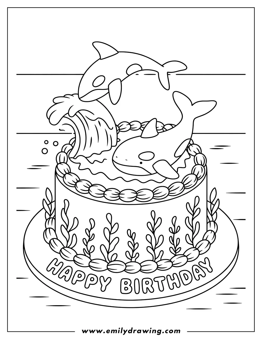 Line art of two orcas playing on a decorated birthday cake. The cake has 'Happy Birthday' written on it and seaweed decorations.