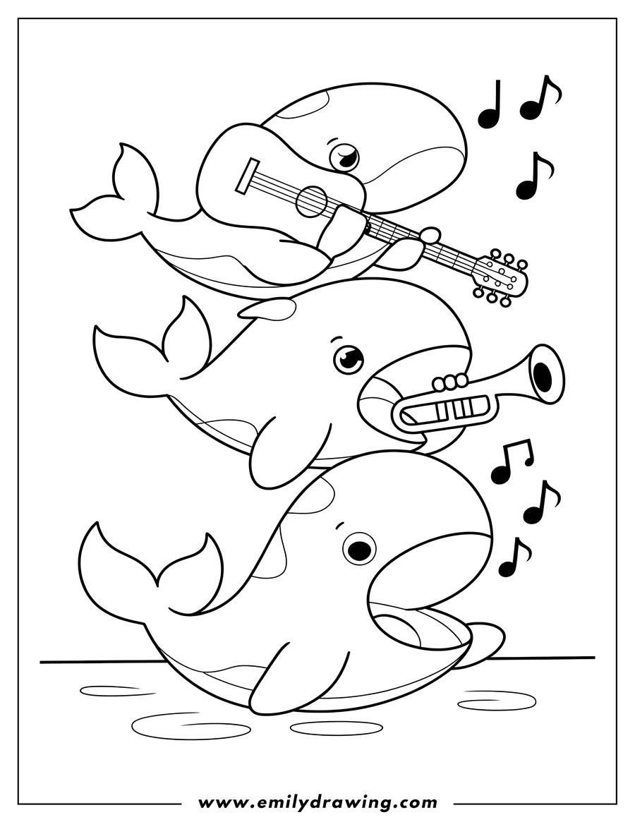 Outline of three orcas playing musical instruments: a guitar, trumpet, and drums.