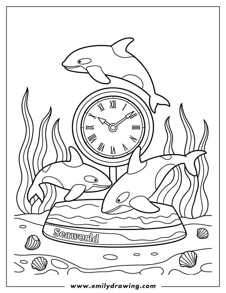 Outline of three orcas at SeaWorld, swimming around a clock. Seaweed and seashells decorate the scene.