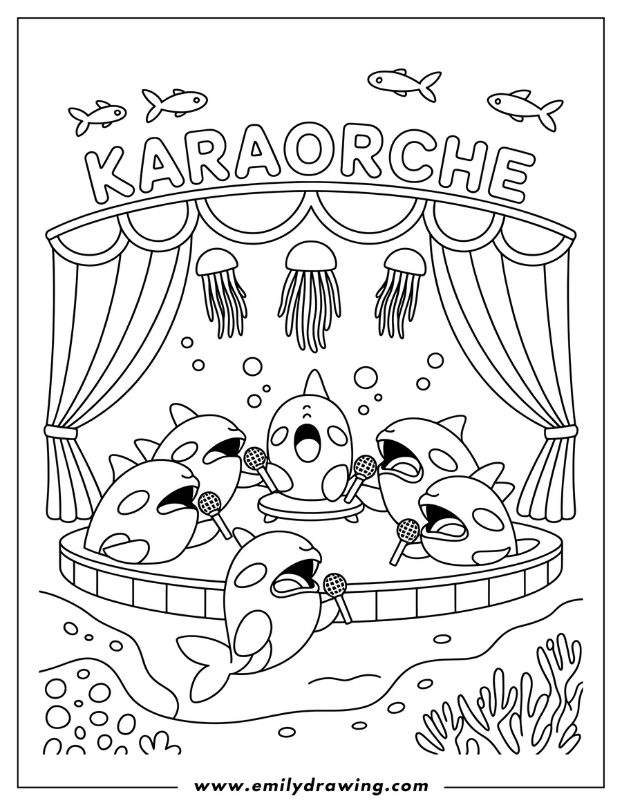 Line art of four orcas singing karaoke on a stage. One orca sings solo in front, while the other three sing together behind. Jellyfish float in the background and fish swim near the surface. Coral and bubbles decorate the foreground.