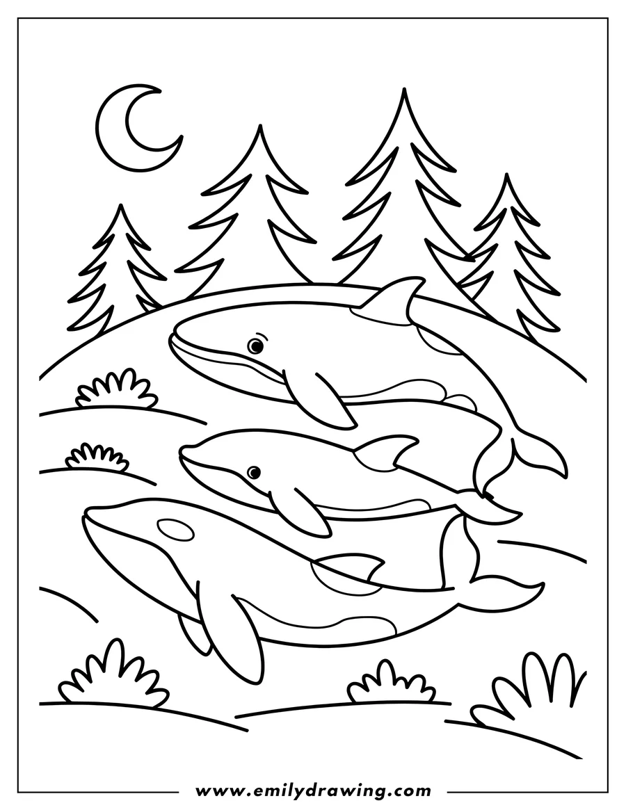 Outline of a family of orcas swimming under a crescent moon with trees in the background.