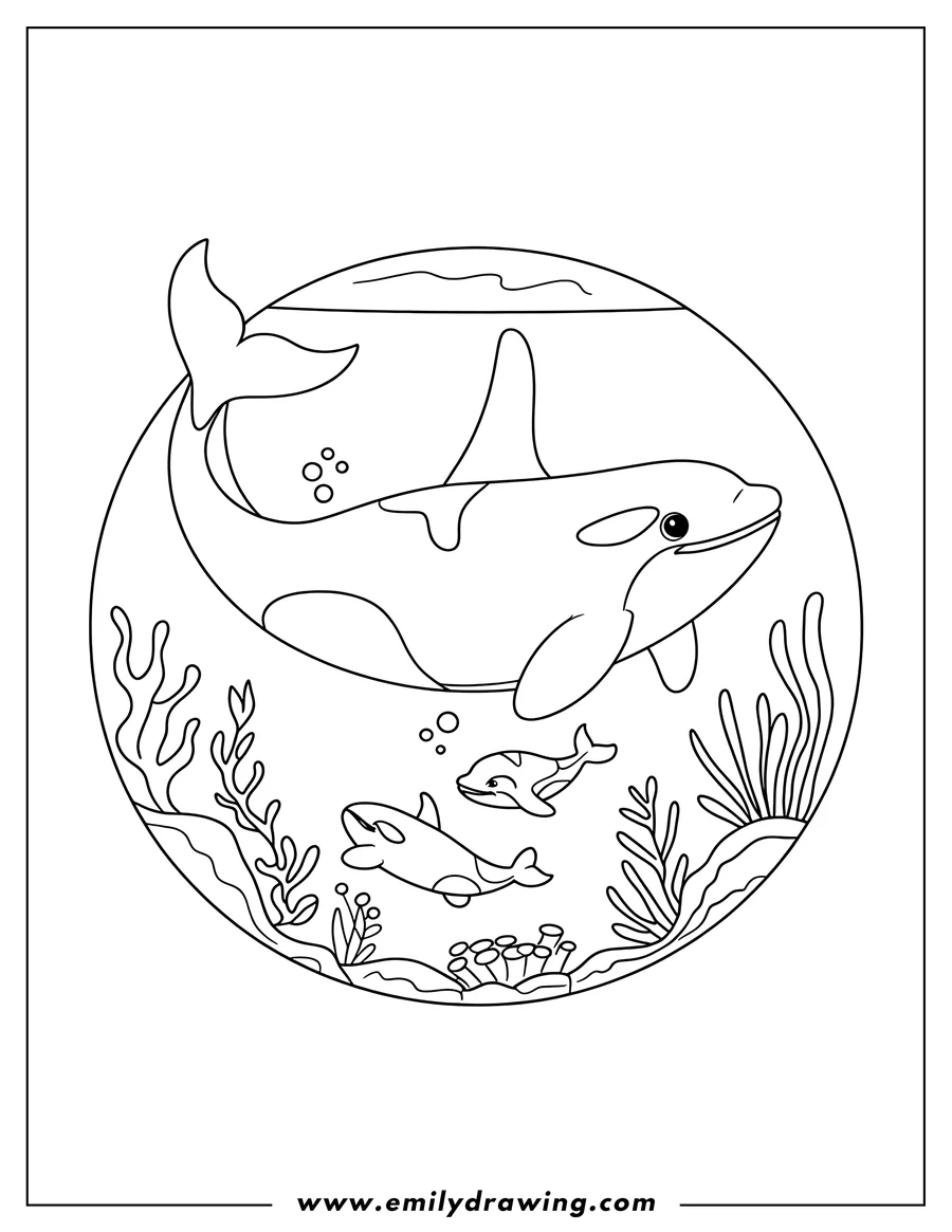 Outline of orcas swimming underwater with coral and seaweed.
