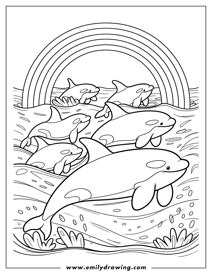 Line art of five orcas swimming in the ocean beneath a large rainbow. Seaweed is visible at the top and bottom of the image.