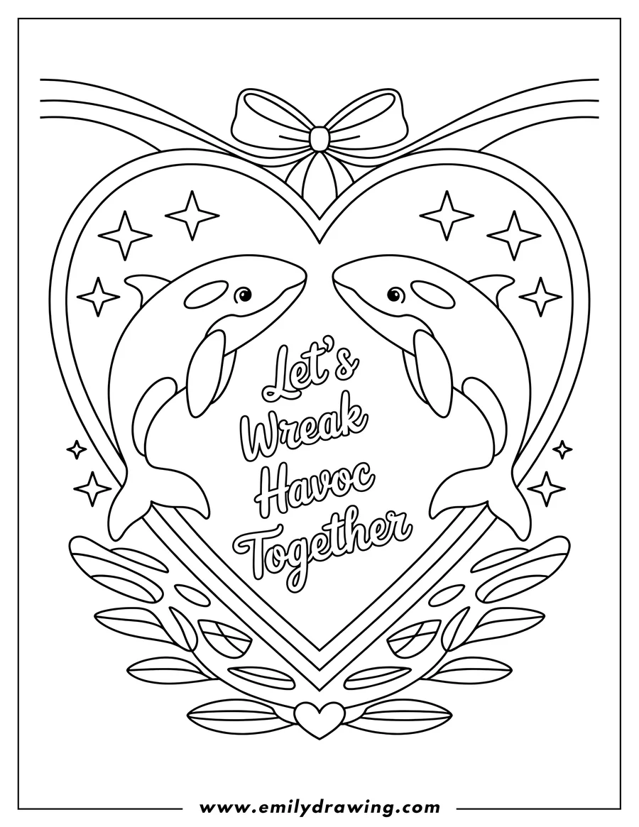 Two orcas inside a large heart shape adorned with stars, leaves and a bow, accompanied by the phrase