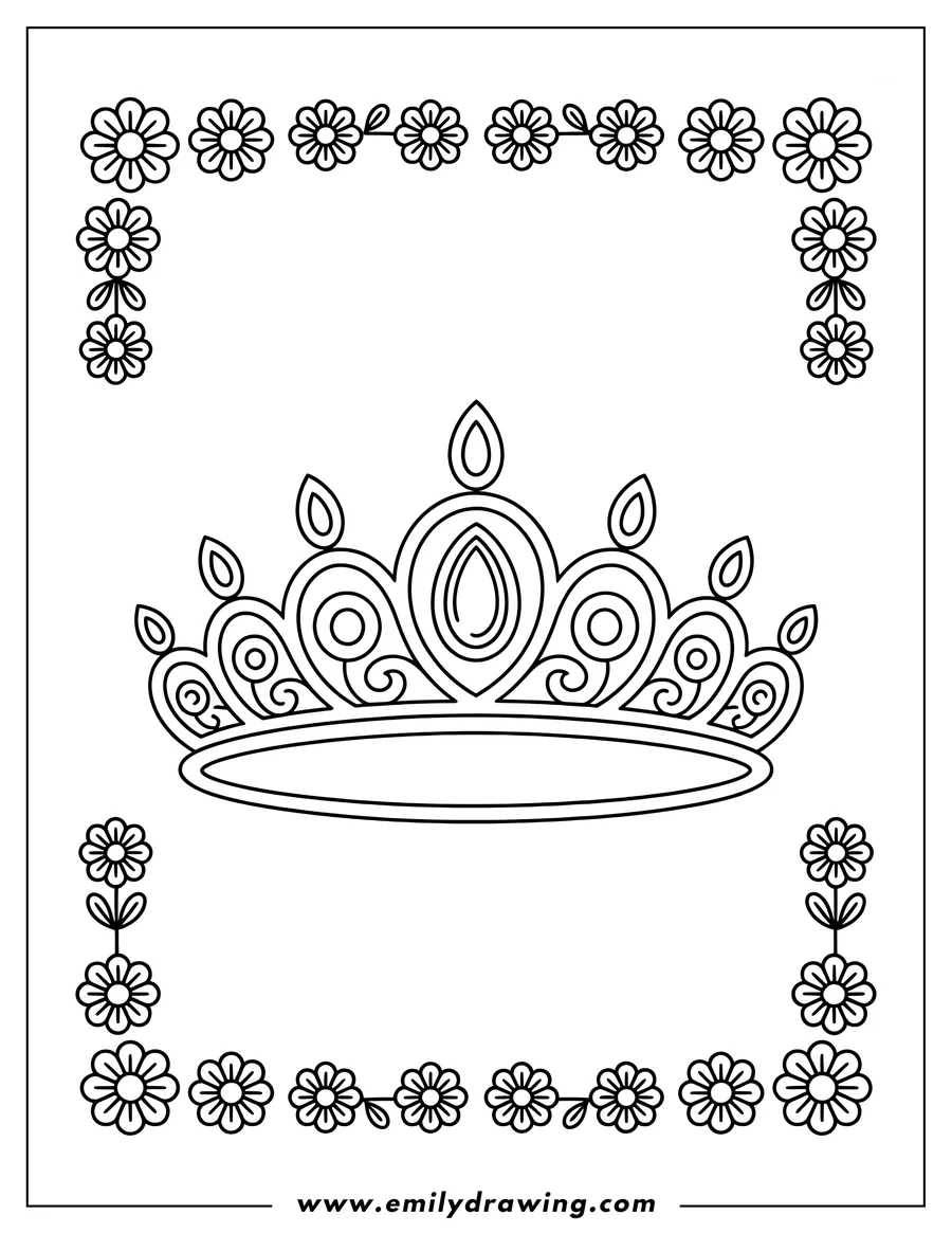 Outline of an ornate crown with decorative swirls and jewels, surrounded by a border of simple flowers.