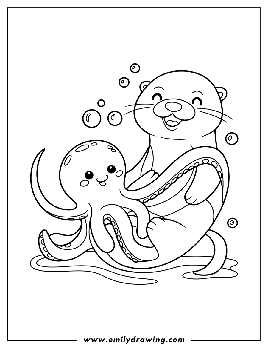 Line art of an otter and octopus playing together. The octopus has its arms wrapped around the otter, and they both look happy.