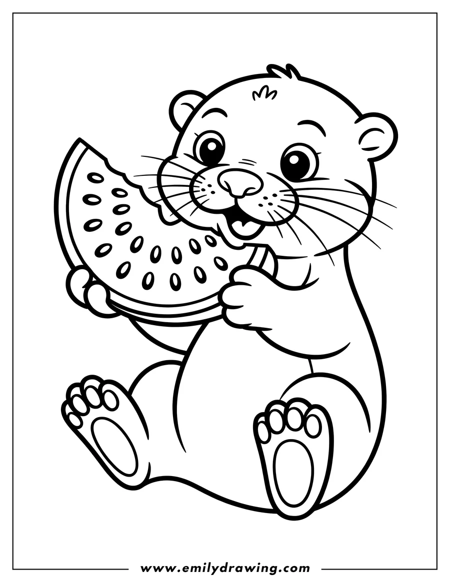 Outline of an otter happily eating a slice of watermelon.