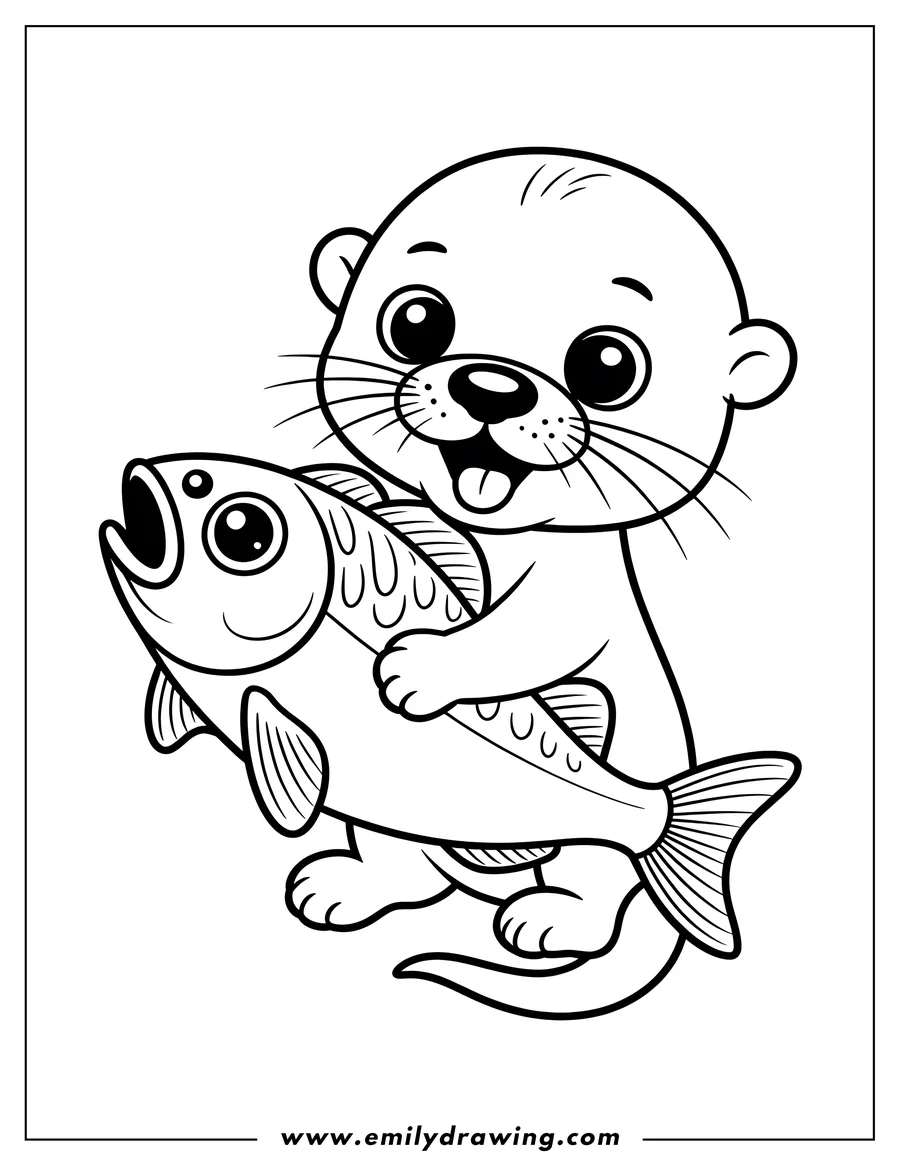 Line art of an otter holding a large fish. The otter appears happy, while the fish looks surprised.