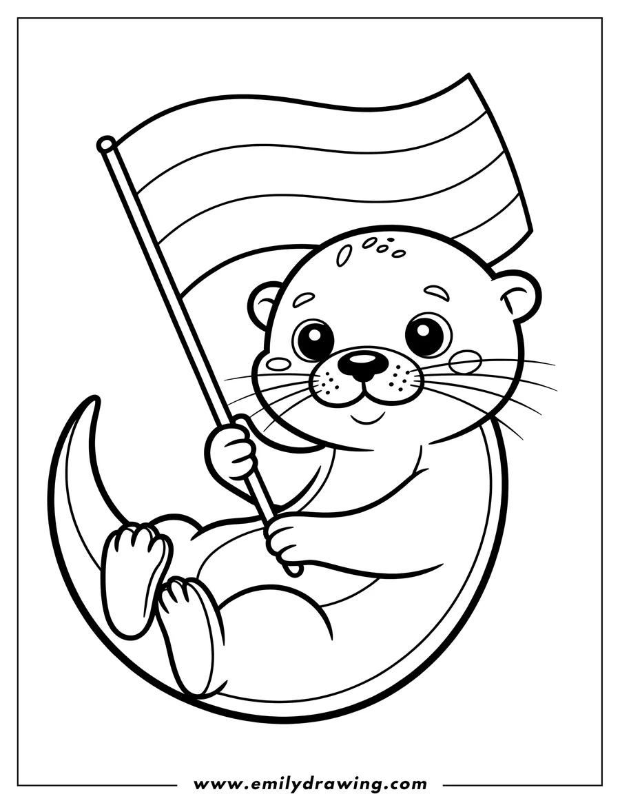 Line art of an otter holding a flag. It looks happy and ready to celebrate.