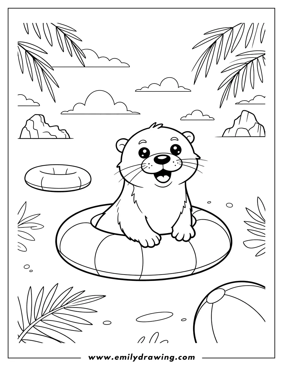 Outline of a cheerful otter sitting in an inner tube, with palm leaves, rocks, and a beach ball in the background.
