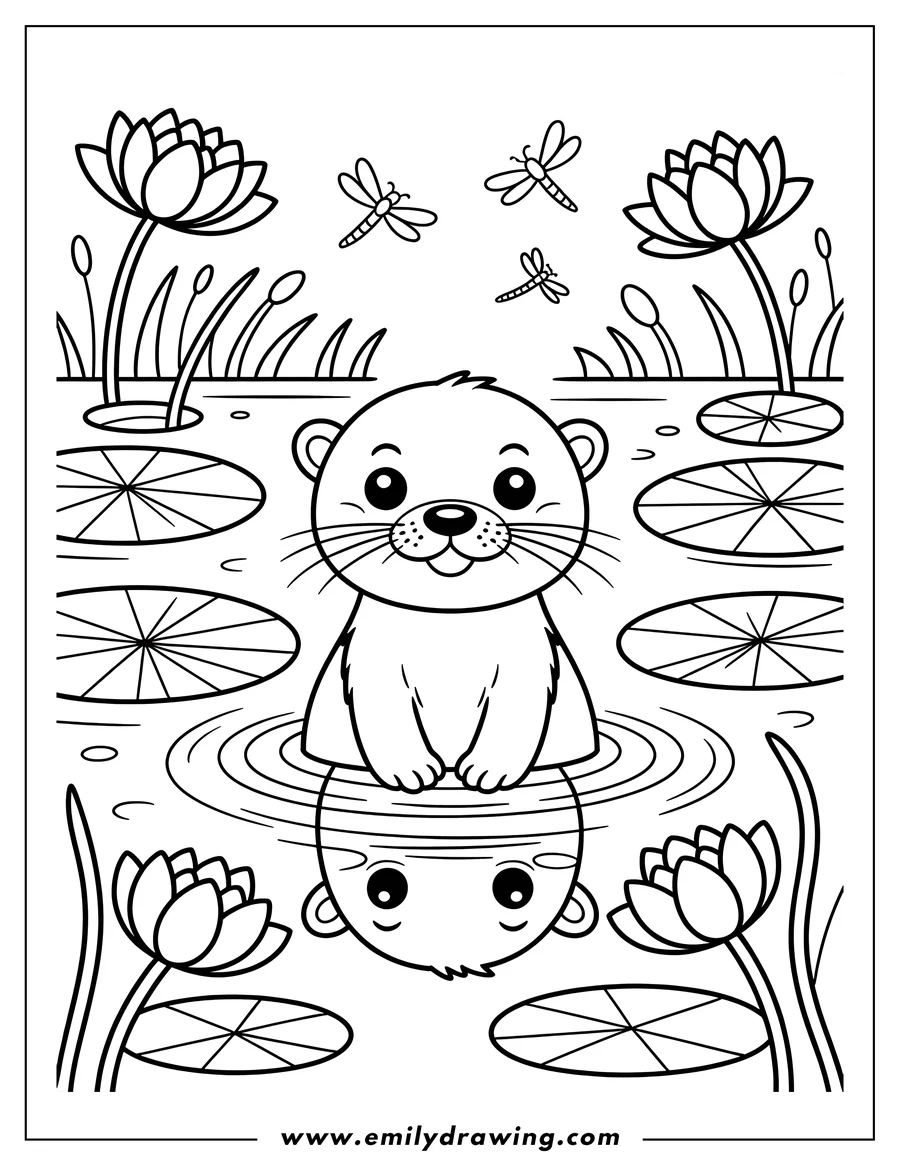 Outline of an otter sitting in a pond surrounded by lily pads and dragonflies.