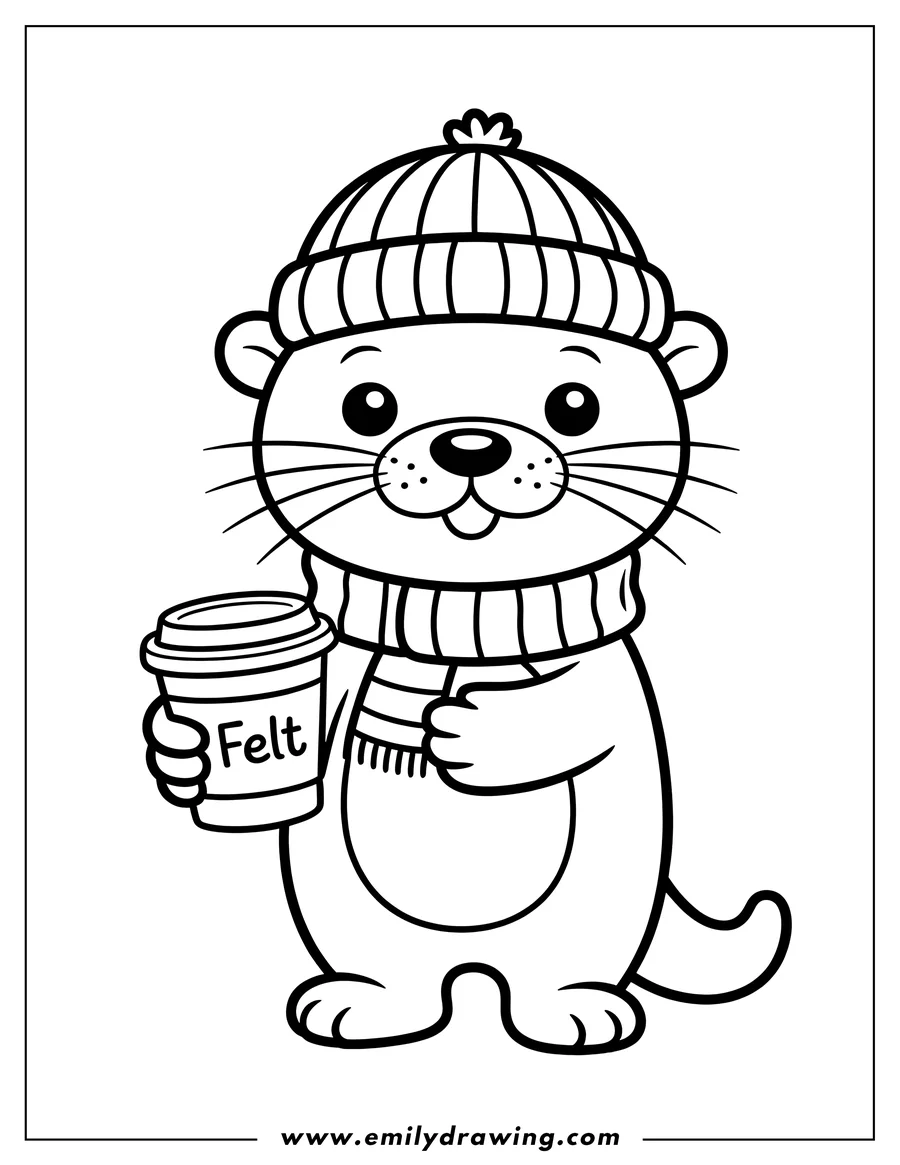 Outline of an otter wearing a winter hat and scarf, holding a warm beverage.