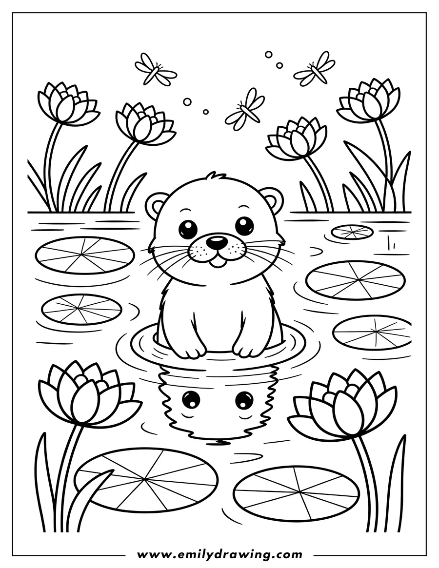 Outline of an otter sitting on a lily pad in a pond with water lilies and dragonflies.