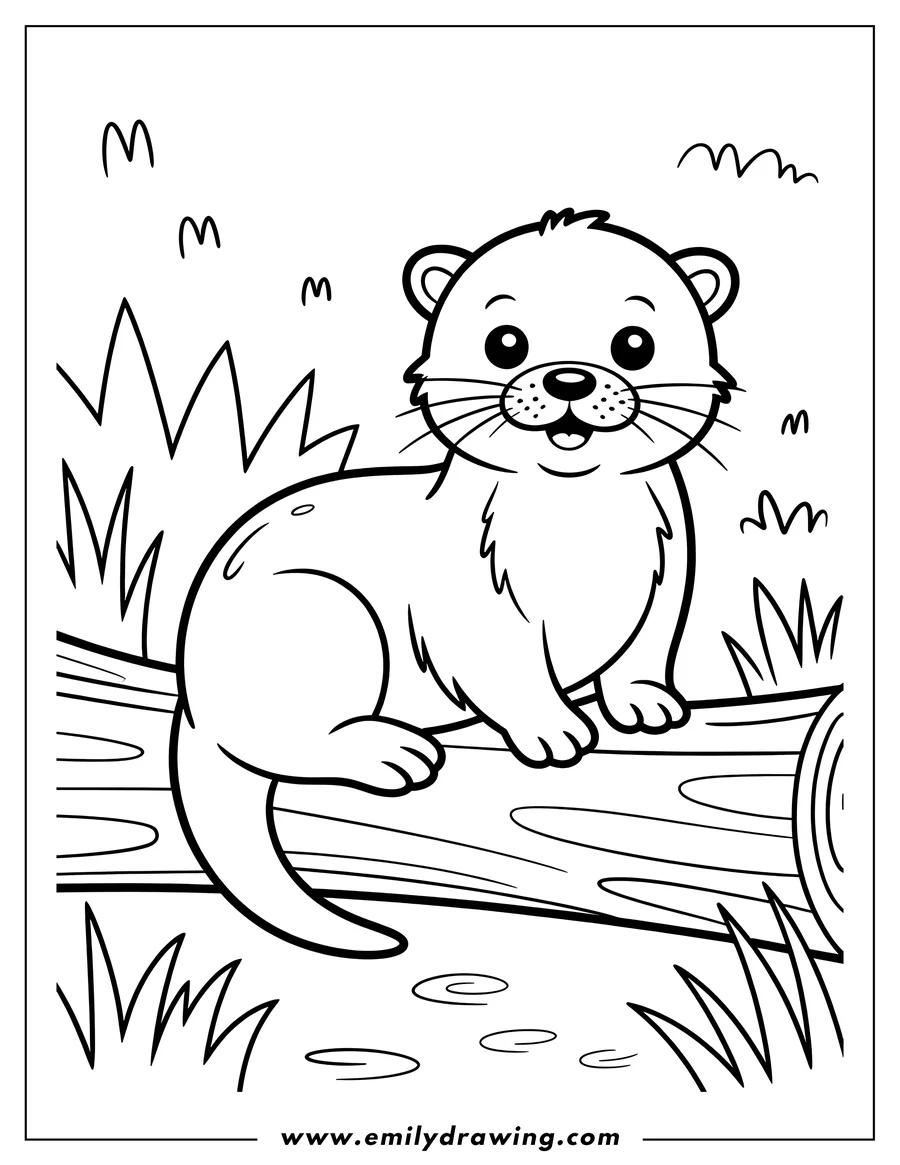 Outline of an otter sitting on a log in a grassy area.