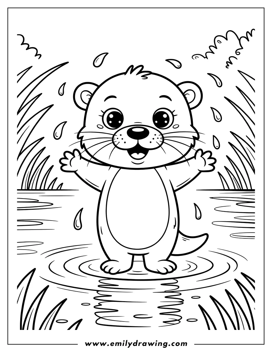Outline of a playful otter standing in rain puddles with outstretched arms, enjoying the rain. Grass and water are visible around the otter.