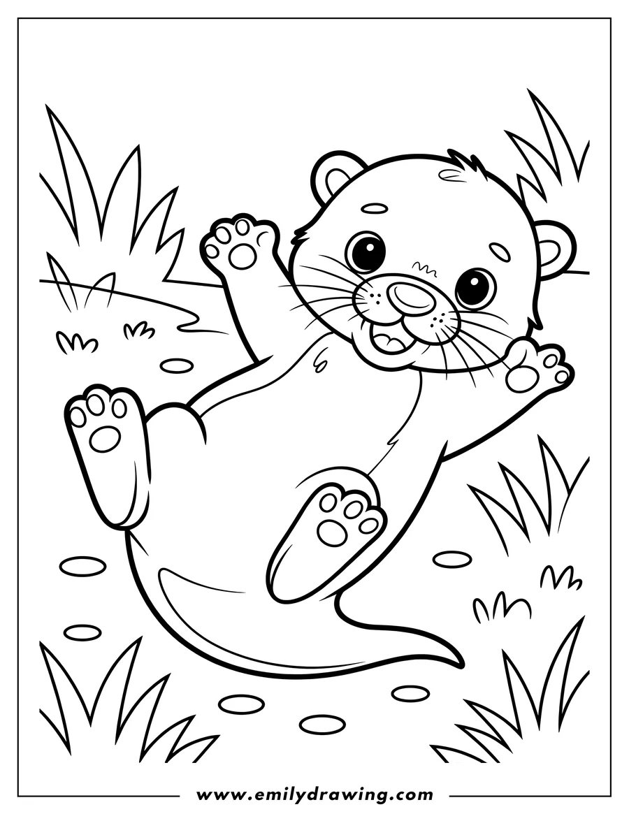 Outline of a playful otter rolling in the grass.