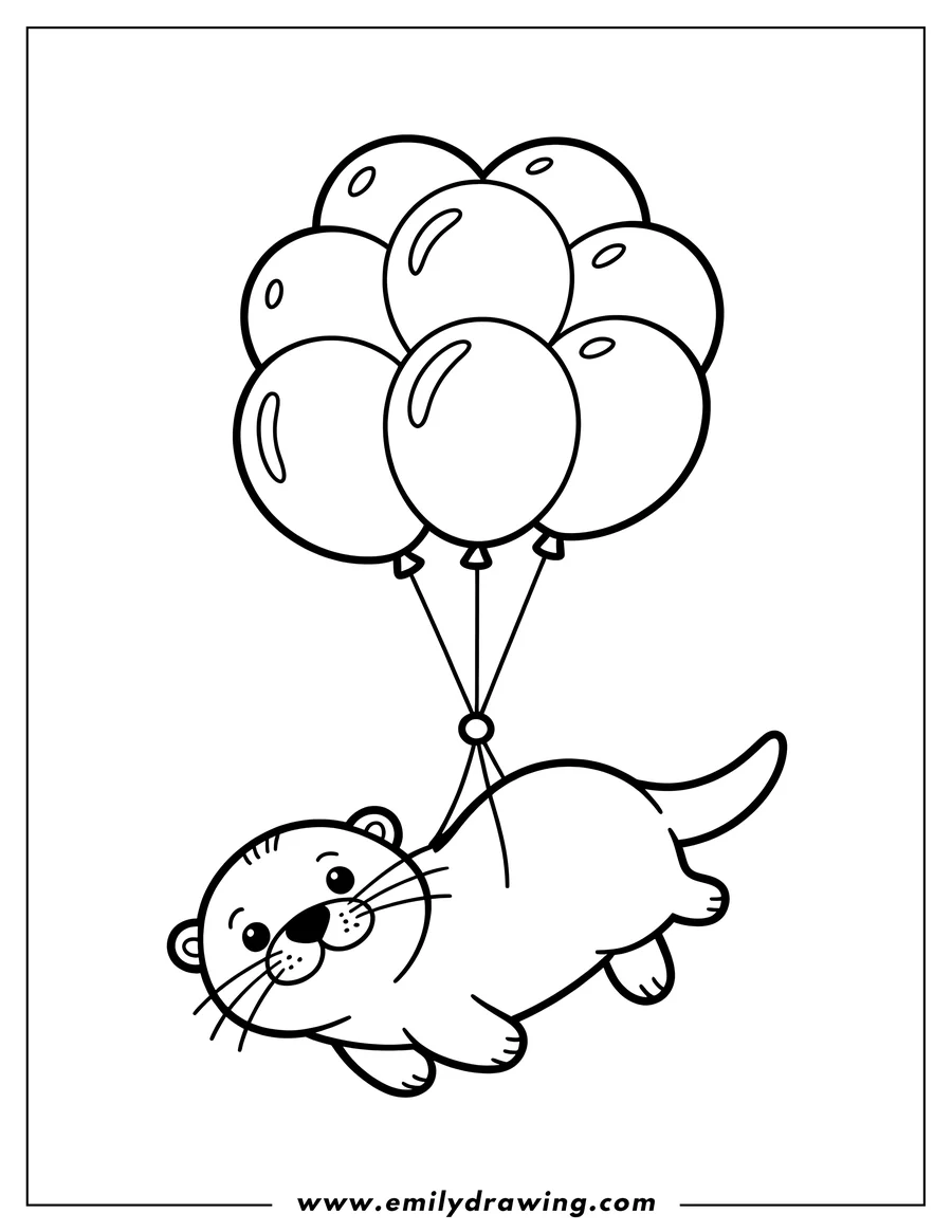 Outline of an otter floating with a bunch of balloons.